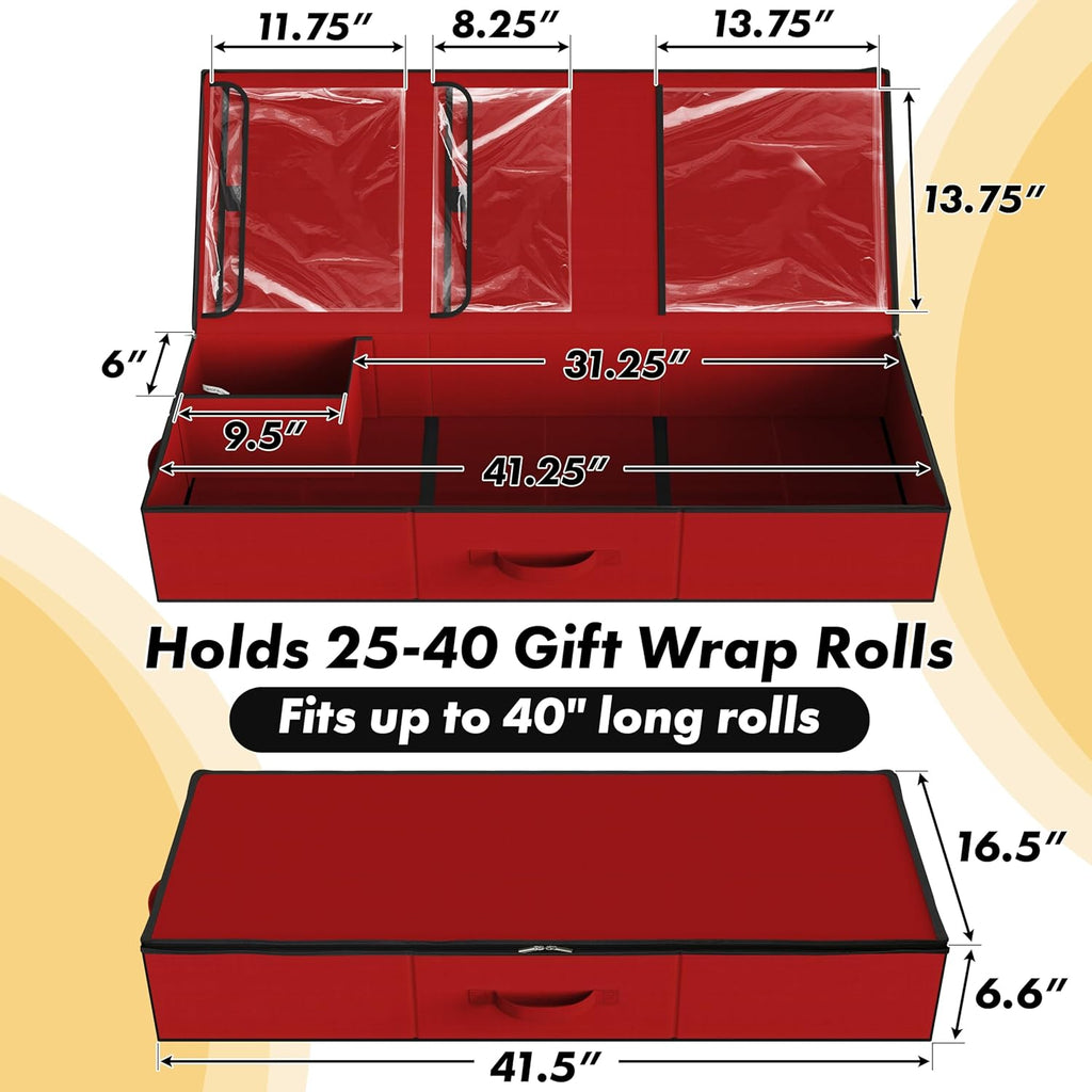 Simple Houseware Wrapping Paper Storage Organizer - Holds 40 Rolls with Adjustable Straps & Pockets, 41.5''L x 16''W, Red