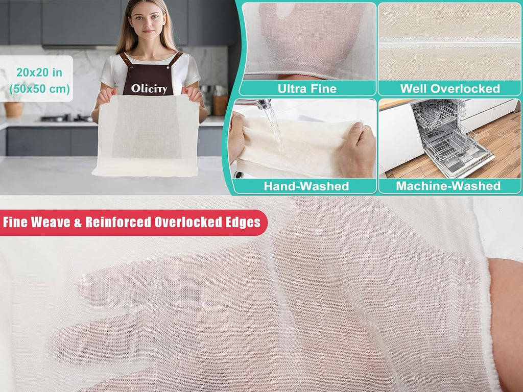 Olicity Cheese Cloths - 2PCS Double-Layer Reusable 20x20 Inch Unbleached Cotton Straining Bags
