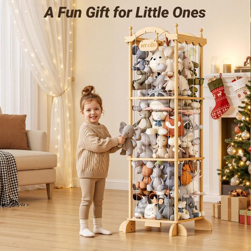 COSYLAND Large Stuffed Animal Storage Organizer for Kids, Wooden Plush Toy Holder with Top Rope Clips, Elastic Cords & Nameplate, Holds 70+ Stuffed Animals for Playroom & Corner