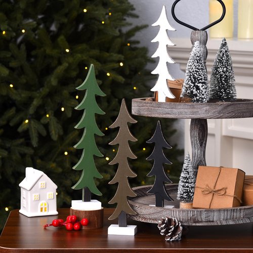 Wooden Christmas Tree Decor Set, 4pcs Mini Christmas Trees for Table Centerpiece, Rustic Wood Christmas Decor for Holiday Shelf, Tiered Tray, Farmhouse Indoor Decorations (4pcs)