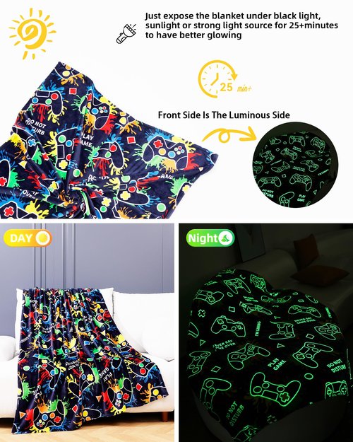 Gaming Gifts for Gamer Glow in The Dark Blanket: Cool Birthday Glowing Presents Toys for Video Game PC Gamers Men Teen Boys Kids Adults Girls Valentines Easter Christmas Ideas Throw Navy Blue 60x50 In