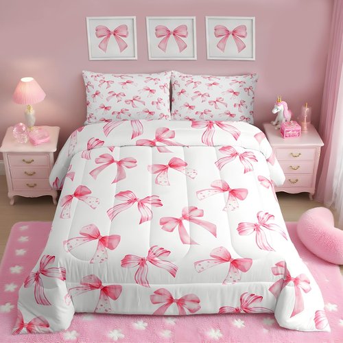 Feelyou Kawaii Pink Bow Bedding Set for Kids Boys Girls Twin Size Cute Dreamy Princess Style Comforter Set Ultra Soft Bow Pattern Comforter Cute Coquette Bow Knot Duvet Quilt Bedroom Decor Quilt