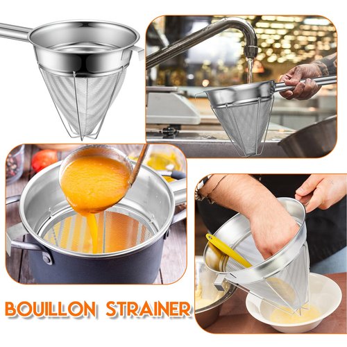 SiliFine Stainless Steel Reinforced Bouillon Sieve Strainer Cone Fine Mesh Strainer with Handle and Rubber Pestle for Kitchen Food Cooking(8 Inch)