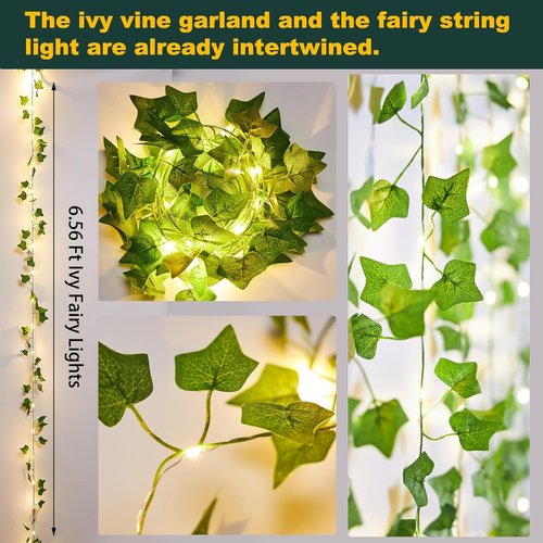 KASZOO 6.56 Ft Artificial Ivy Vines with 40 LED Fairy Lights - Battery Operated Decor for Bedroom & Garden