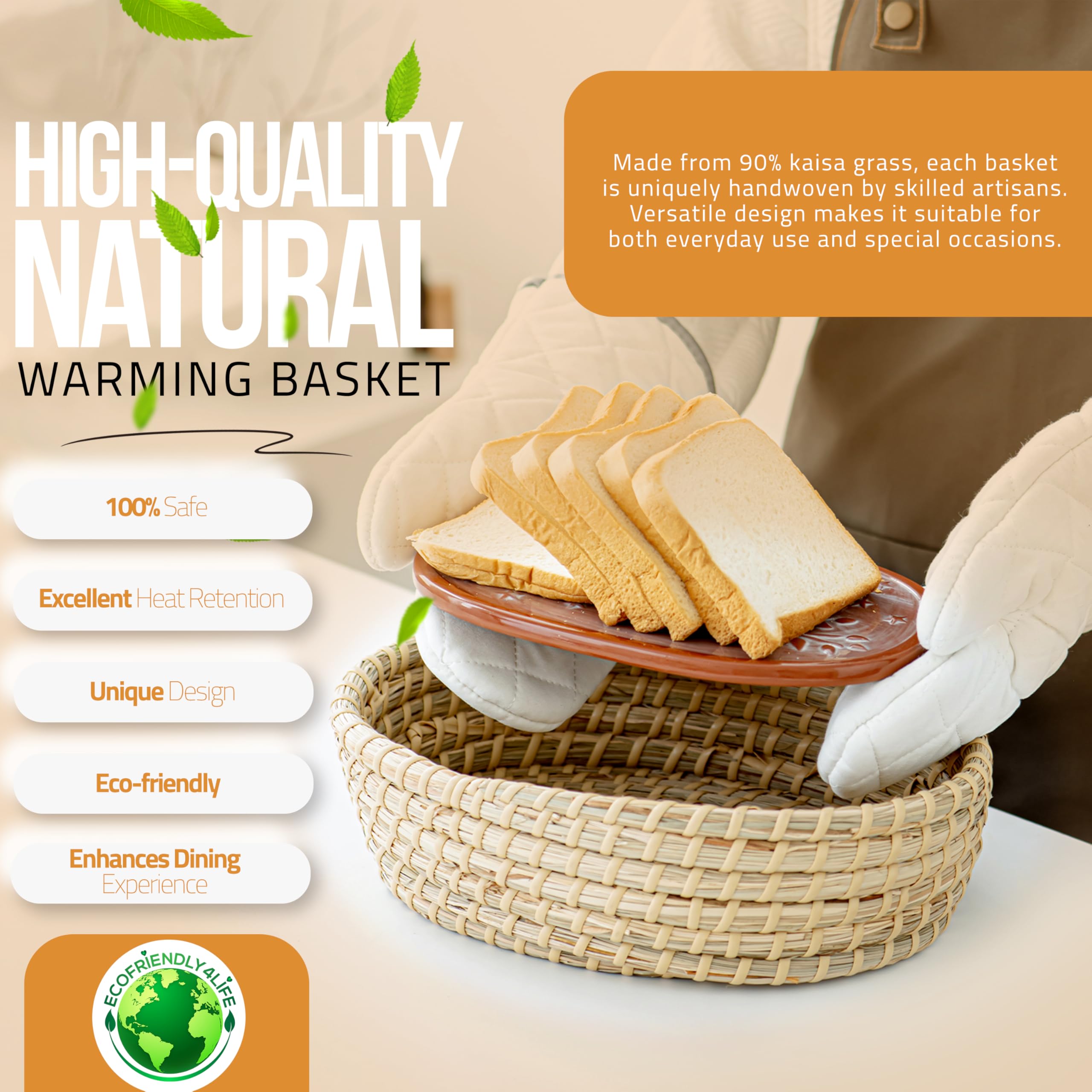 Bread Warmer Basket with Terracotta Stone – Includes Oven Mitts – Keeps Bread Warm – Rustic Gift for Holidays, Housewarming, Dinner Parties – Handwoven Natural Look – Kitchen Table Accessory