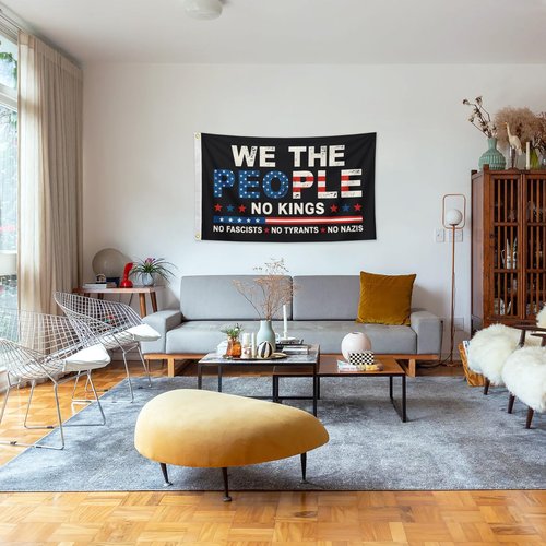 No King No Tyrants Anti Fascist Flag 3x5 FT, We The People Protest Banner for Indoor Outdoor(slogan)