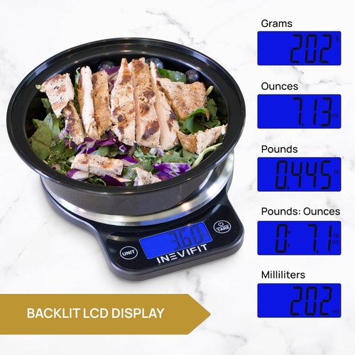 INEVIFIT Digital Kitchen Scale - Highly Accurate Multifunction Food Scale Up to 13 lbs | Sleek Black & Stainless Steel Finish