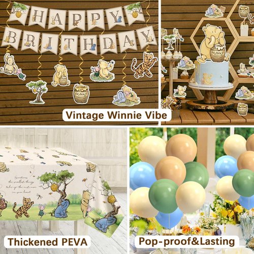 192pcs Winnie Birthday Decorations, Vintage Pooh Bear Plates Napkins Cups Forks Tablecloth Balloons Banner Hanging Swirls Cupcake Toppers for Boy Girl Party Supplies 25 Guests