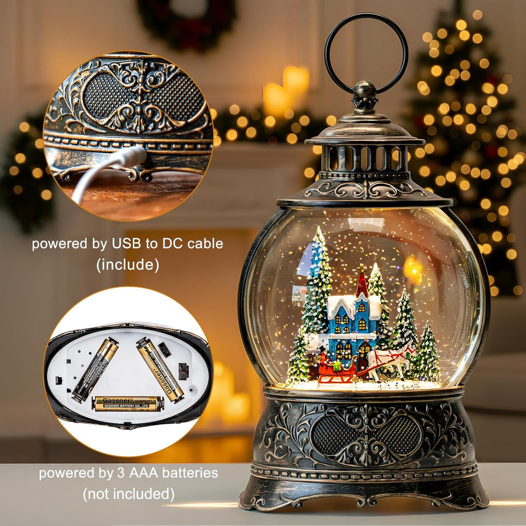 Regine Switzerland Christmas Snow Globe - Musical Water Lantern with Carriage & 6H Timer | USB/Battery Operated for Festive Decor