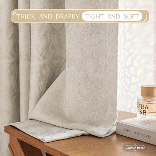Beauoop Beige Floral Jacquard Blackout Curtains 84 Inches Long 2 Panels for Bedroom Living Room Flower Chenille Room Darkening Thermal Insulated Soundproof Grommet Window Treatments Drapes 52x84x2