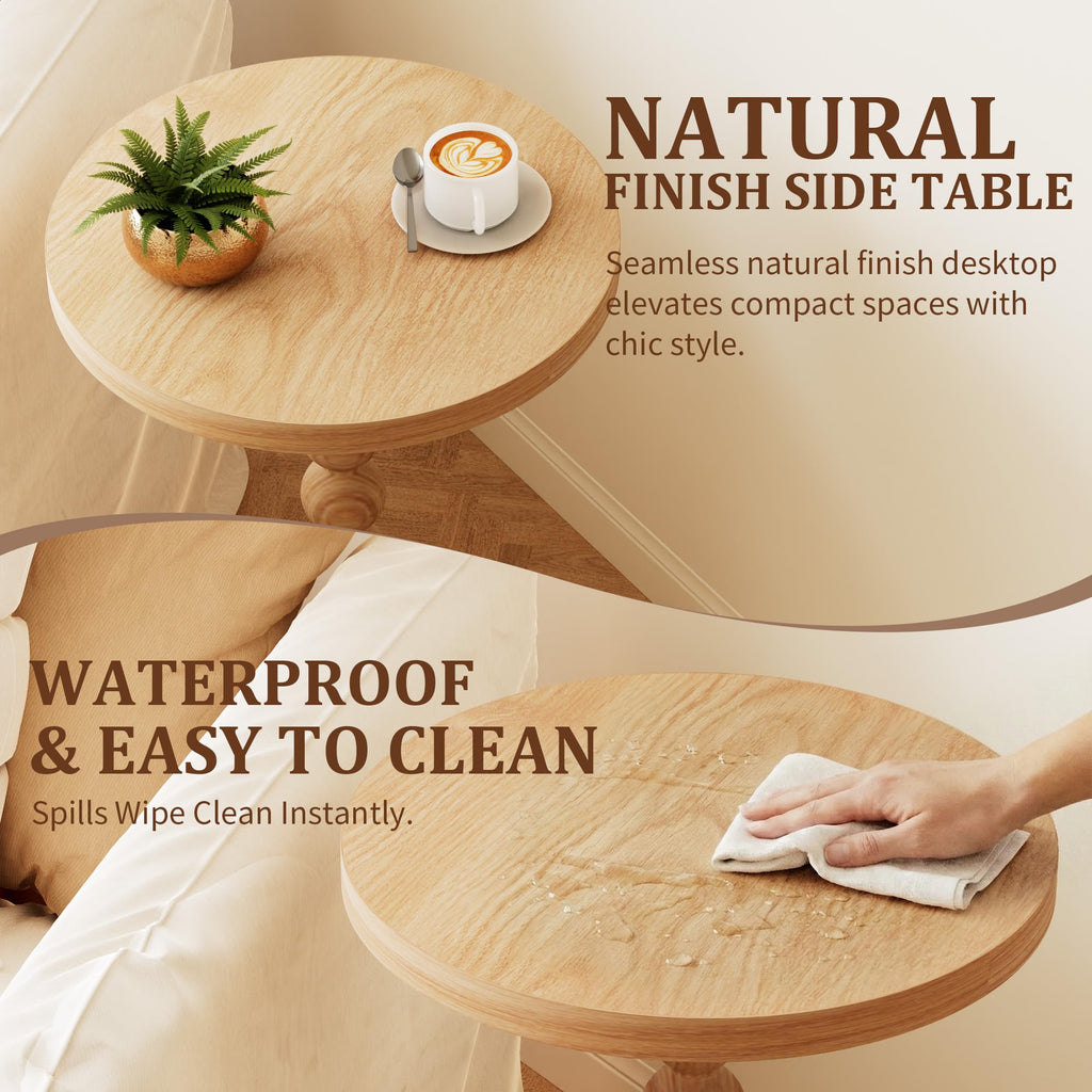 TEROL Round Side Table, Drink Table for Small Spaces, Modern Accent Nightstand with Rubberwood Leg for Living Room, Bedroom, Corners, and Office (Natural)