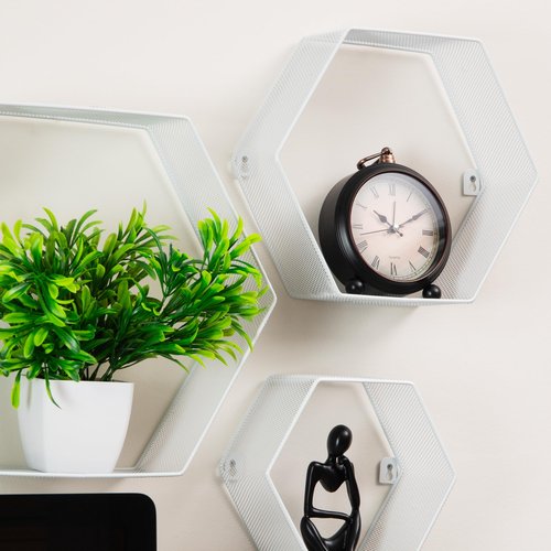 Mind Reader Hexagon Floating Shelves, Wall Decor, Honeycomb Accent Shelf, Office, Metal Mesh, 14" L x 4" W x 12" H, Set of 3, White