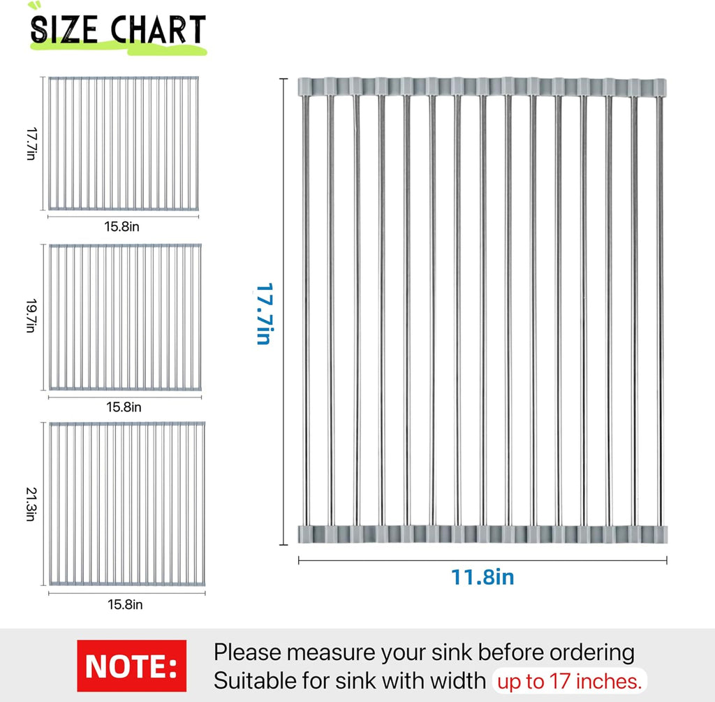 Skiennix Roll Up Dish Drying Rack - Foldable Stainless Steel Kitchen Rack | 17.7" x 11.8" (Grey)