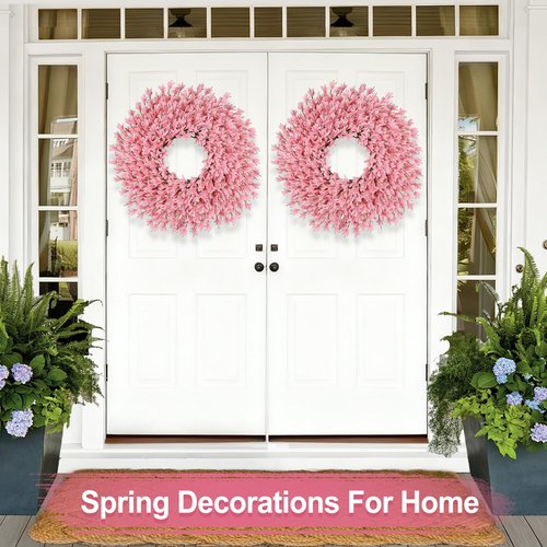 26 Inch Spring Wreaths for Front Door Large Easter Valentines Forsythia Floral Summer Spring Door Wreaths Outdoor All Season Spring Decorations for Home Porch Room Window Wall Farmhouse Decor (Pink-R)
