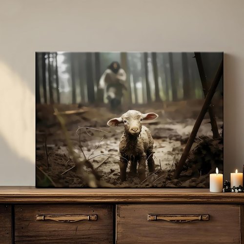 Framed Jesus Christ Wall Art - Canvas Painting of Jesus and Lamb | Biblical Decor for Church, Prayer Room, 12" x 16"