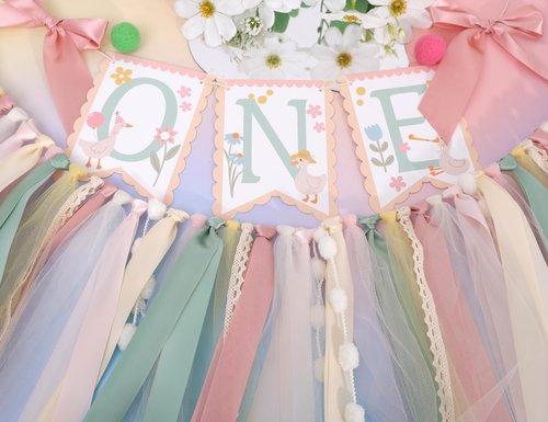 One Happy Goose High Chair Banner - Sweet 1st Birthday Party Decorations,Colorful Highchair Garland with Bow Ribbon,Little Goose First Birthday Banner Photo Props,Fun Geese Lawn Party Supplies