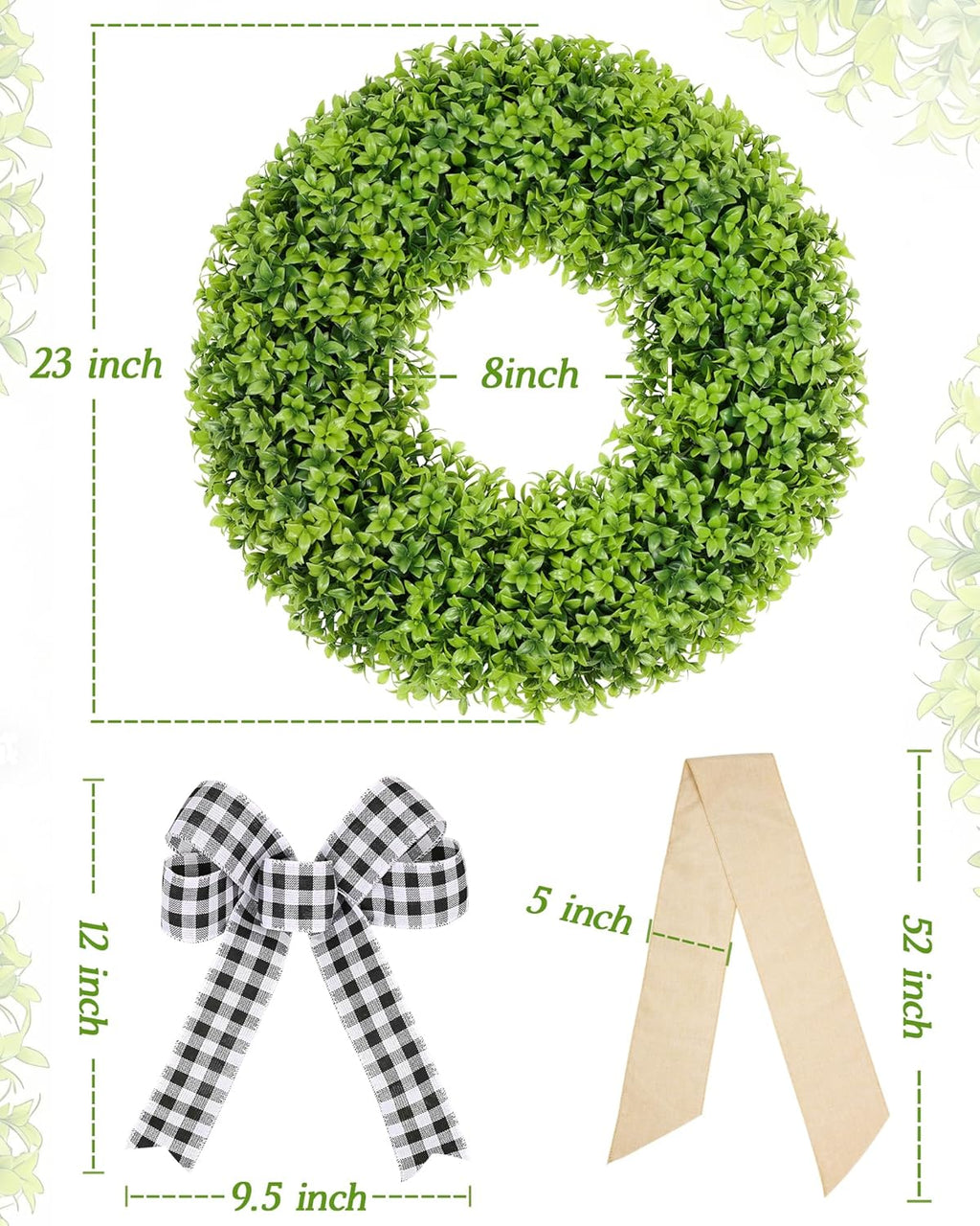 Vlorart 23-Inch Large Boxwood Door Wreath - All-Season Artificial Greenery with Sash & Bow for Indoor/Outdoor Decor