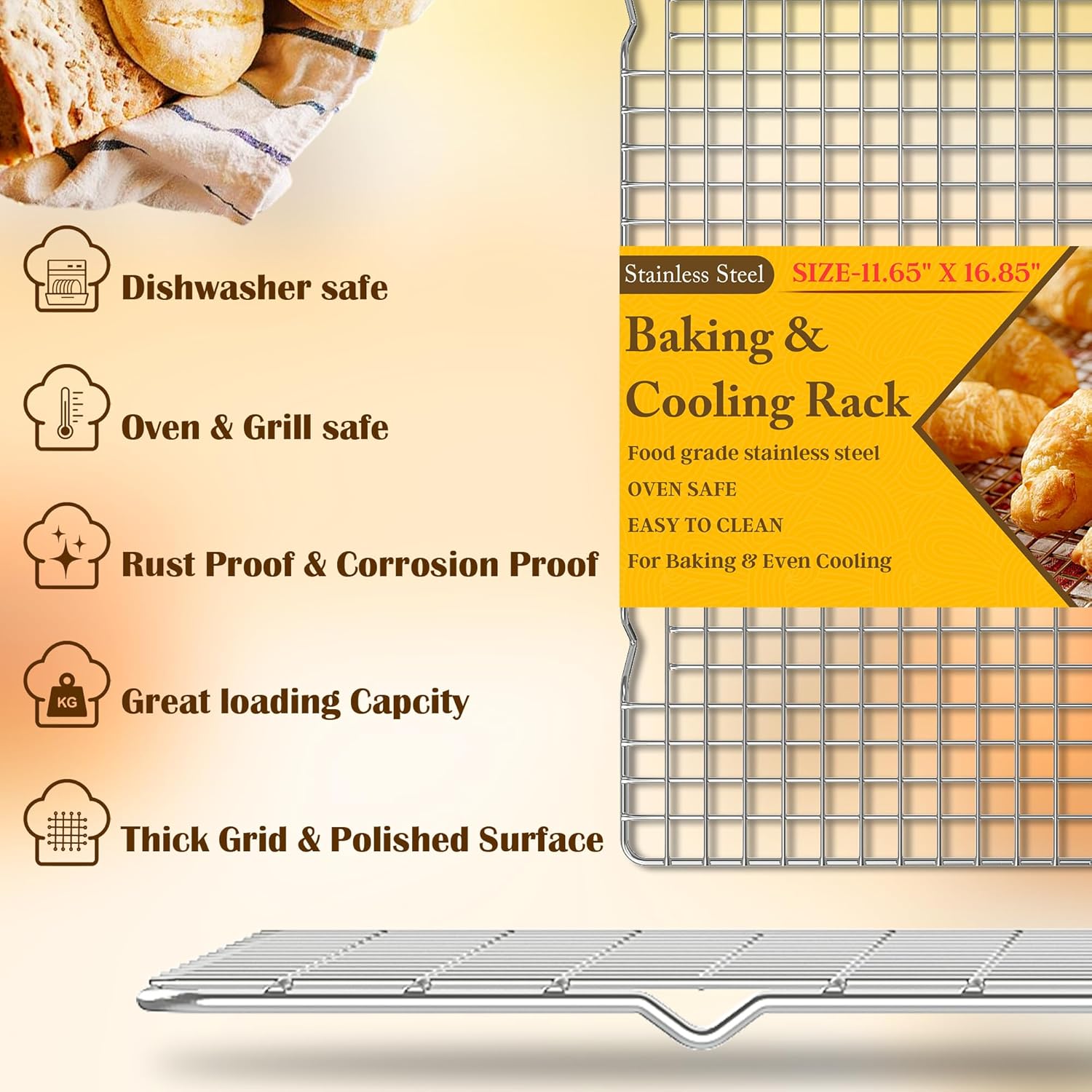 Skiennix Cooling Racks - Heavy Duty Stainless Steel Wire Racks for Baking & Grilling | 11.65''x16.85'' Silver