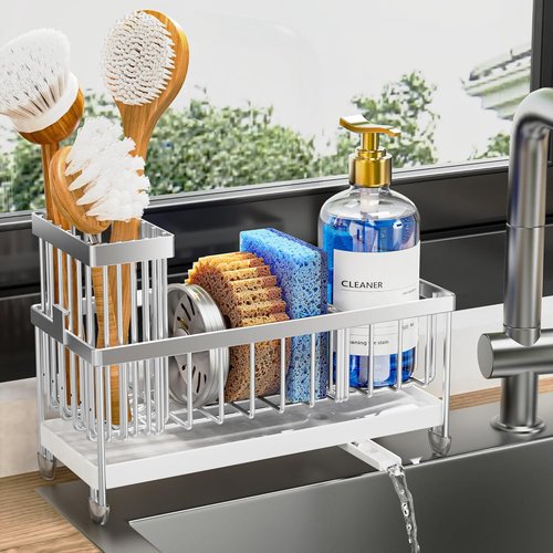 Cisily Kitchen Sink Caddy Organizer - Rustproof 304 Stainless Steel with High Brush Holder | Silver, 9.25”