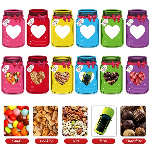 Labrostar 60Pcs Valentines Day Gifts for Kids Valentines Day Mason Jar Cards with Treat Bags for Valentines Exchange Cards Boys Girls Toddler School Classroom Activities Party Favors