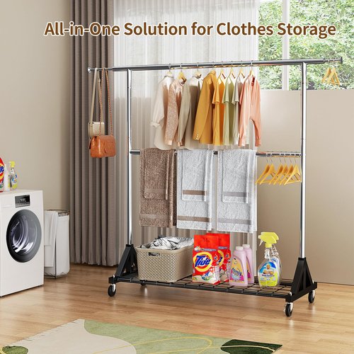 Luxspire Heavy Duty Clothes Rack Load 600 LBS, Double Rod Clothing Rack, Rolling Garment Racks with Lockable Wheels, Shelves, Adjustable Laundry Hanging Racks for Clothes