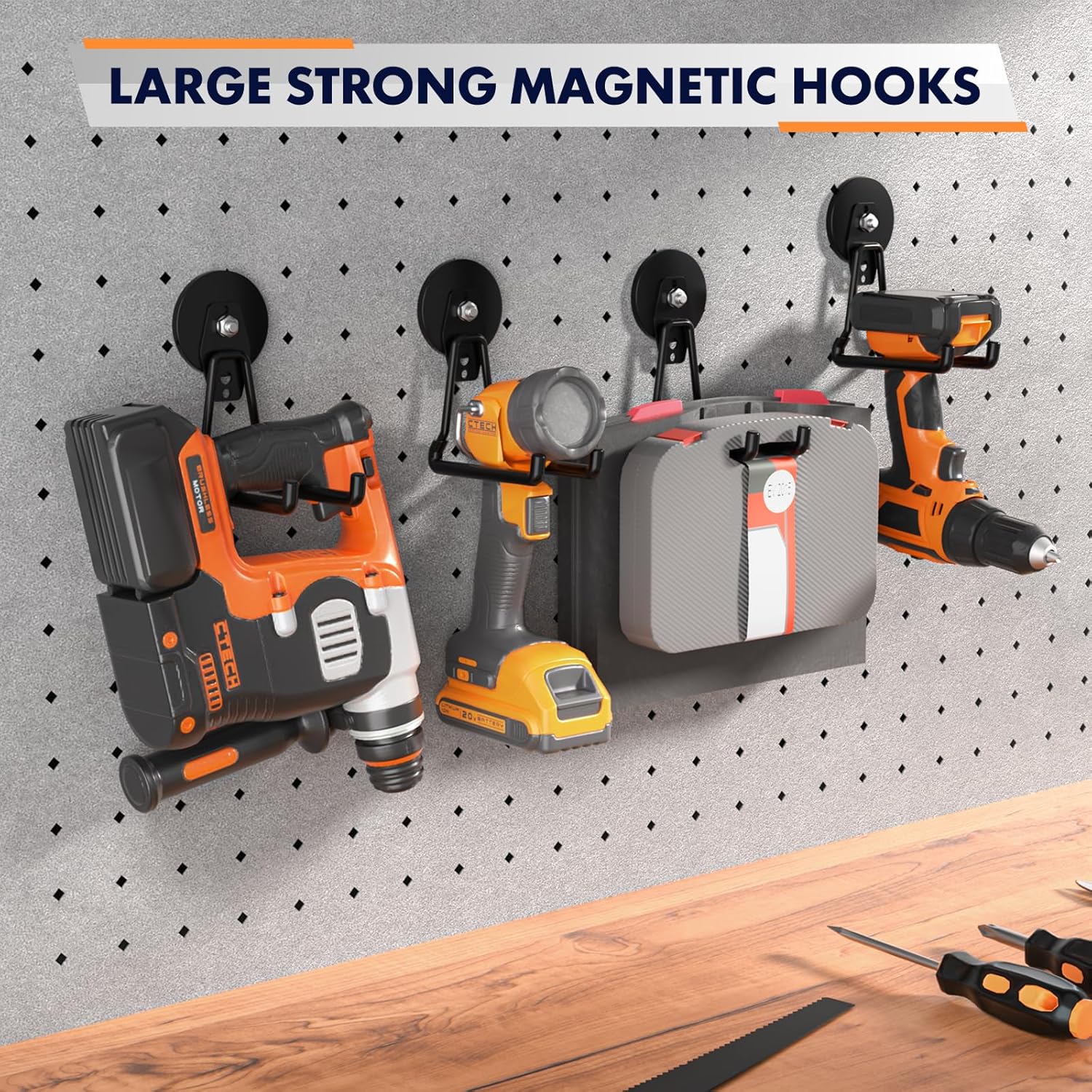Skiennix Heavy Duty Magnetic Utility Hooks - Anti-Slip Coating for Garage & Garden Tools (Black)