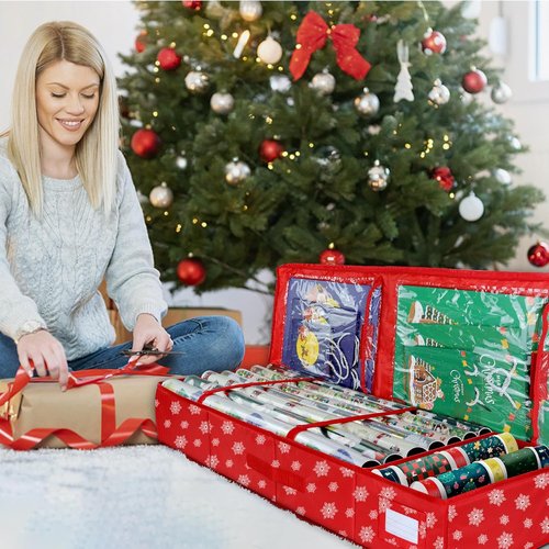 Gift Wrap Storage Organizer by Christmas | Heavy-Duty 600D Underbed Bag with Pockets - Large Size for Holiday Accessories