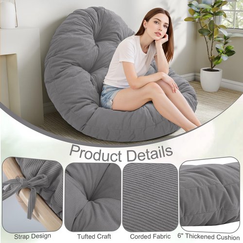 idee-home Papasan Chair Cushion, Circle Papasan Chair Cushion with Corduroy Cover (Without Chair) for Bowl Chair, 48 X 48 Inch, Light Grey