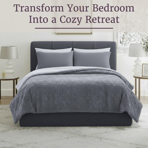 Lavish Home Floral Etched Fleece Blanket with Sherpa-F/Q-Grey