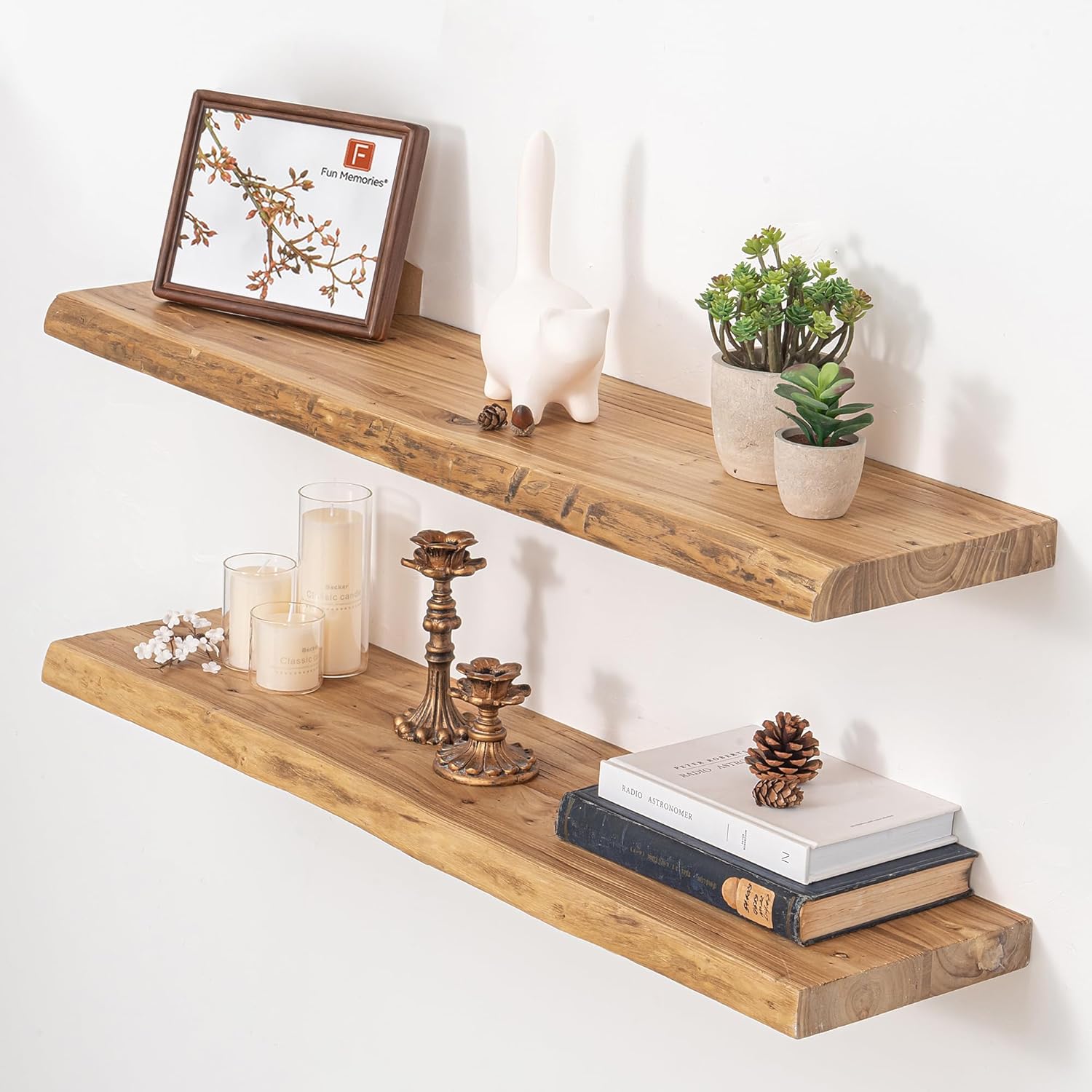 Rustic Elm Wood Floating Shelves by [Brand Name] - Heavy-Duty 36"x9.3" Set of 2 with Invisible Brackets | Natural Finish for Living Room, Bedroom, Kitchen
