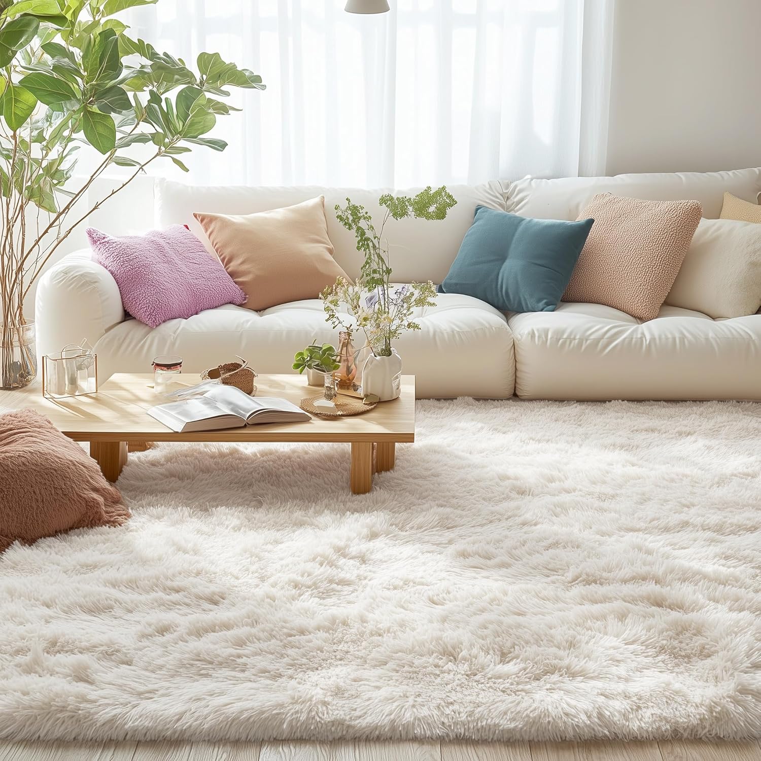 OLANLY Area Rug - Soft Fluffy Shaggy Design for Living Room & Bedroom | Machine Washable Ivory 4x8 ft