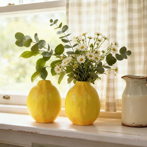 Cynkeyee Unique Lemon-Shaped Vases - Set of 2 Ceramic Fruit Decor for Flowers | 3.5 x 3.5 x 4.5 Inch