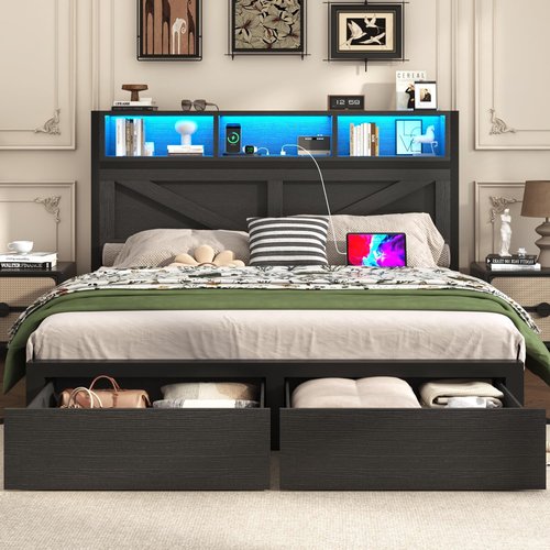 Incyneva Full Bed Frame - Farmhouse Style with Bookcase Storage, Charging Station & LED Light - Black