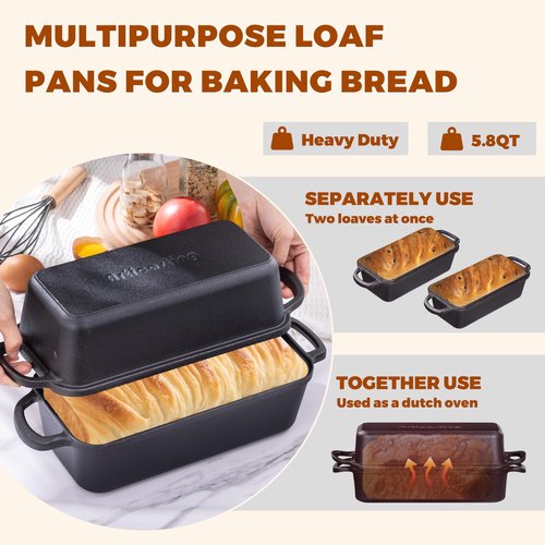 Articasting 11x5 Inch Cast Iron Loaf Pan With Lid，5.8 Qt Large Loaf Pans For Sourdough Bread Baking, Pre-Seasoned Heavy Duty Dutch Oven Bread Pan For a Crispy Crust