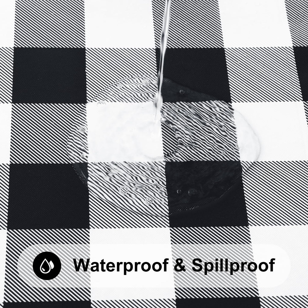 Smiry Round Picnic Tablecloth, Elastic Waterproof Fitted Vinyl Tablecloths for 57"-68" Tables, Flannel Backed Buffalo Plaid Table Cover for Dining, Camping, Outdoor, Black and White