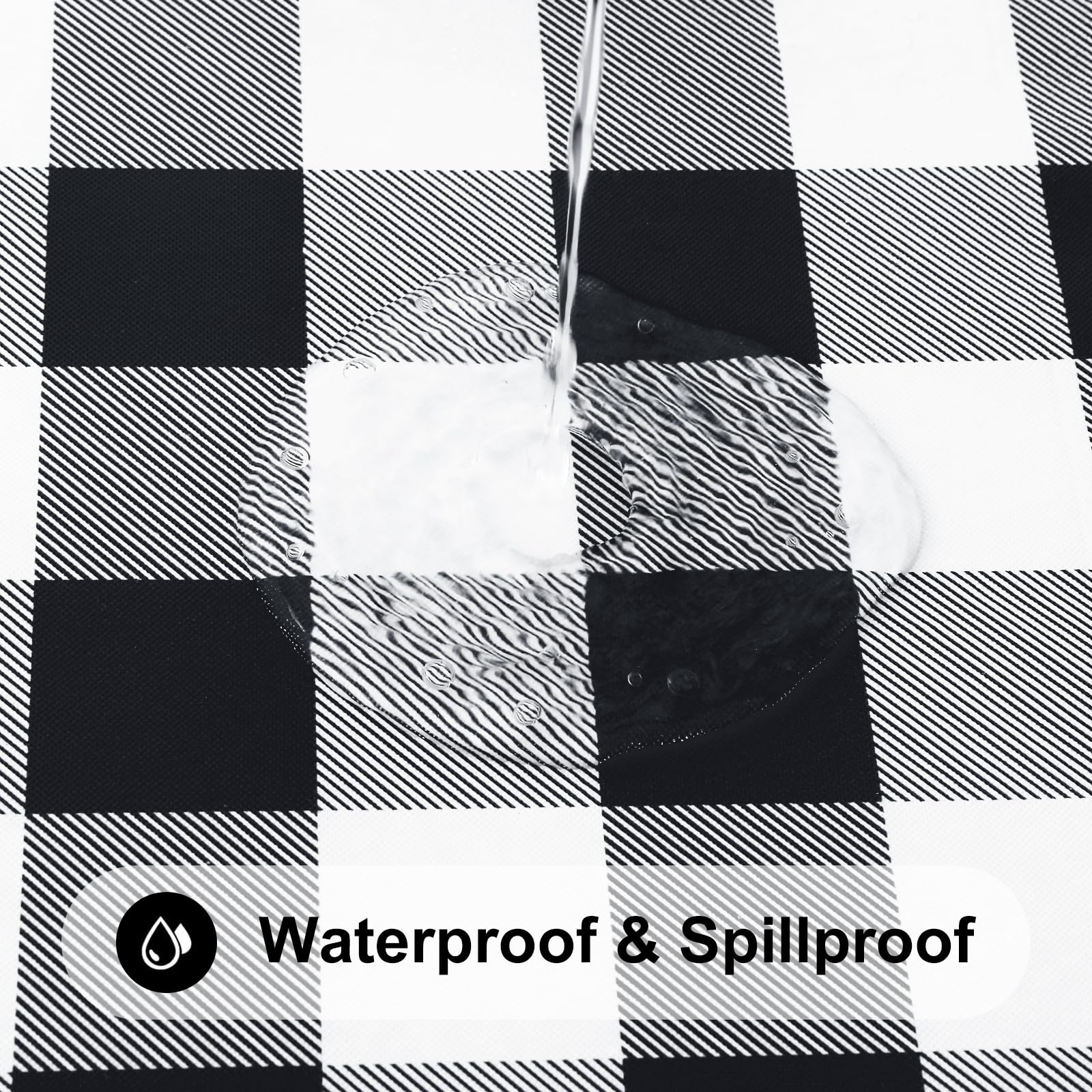 Smiry Round Picnic Tablecloth, Elastic Waterproof Fitted Vinyl Tablecloths for 57"-68" Tables, Flannel Backed Buffalo Plaid Table Cover for Dining, Camping, Outdoor, Black and White