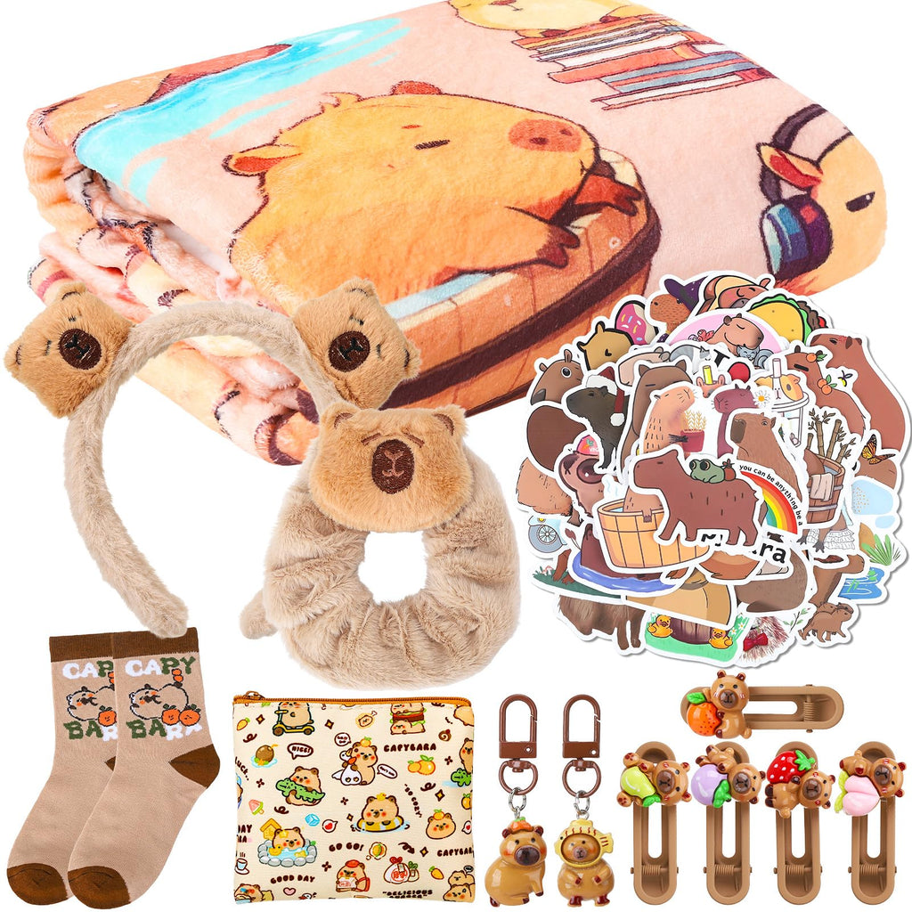 Ovveroche Capybara Gift Set for Girls Cozy Plush Blanket 2 Keychains 55 Stickers Socks Hair Clips Headband Coin Purse Cute Birthday