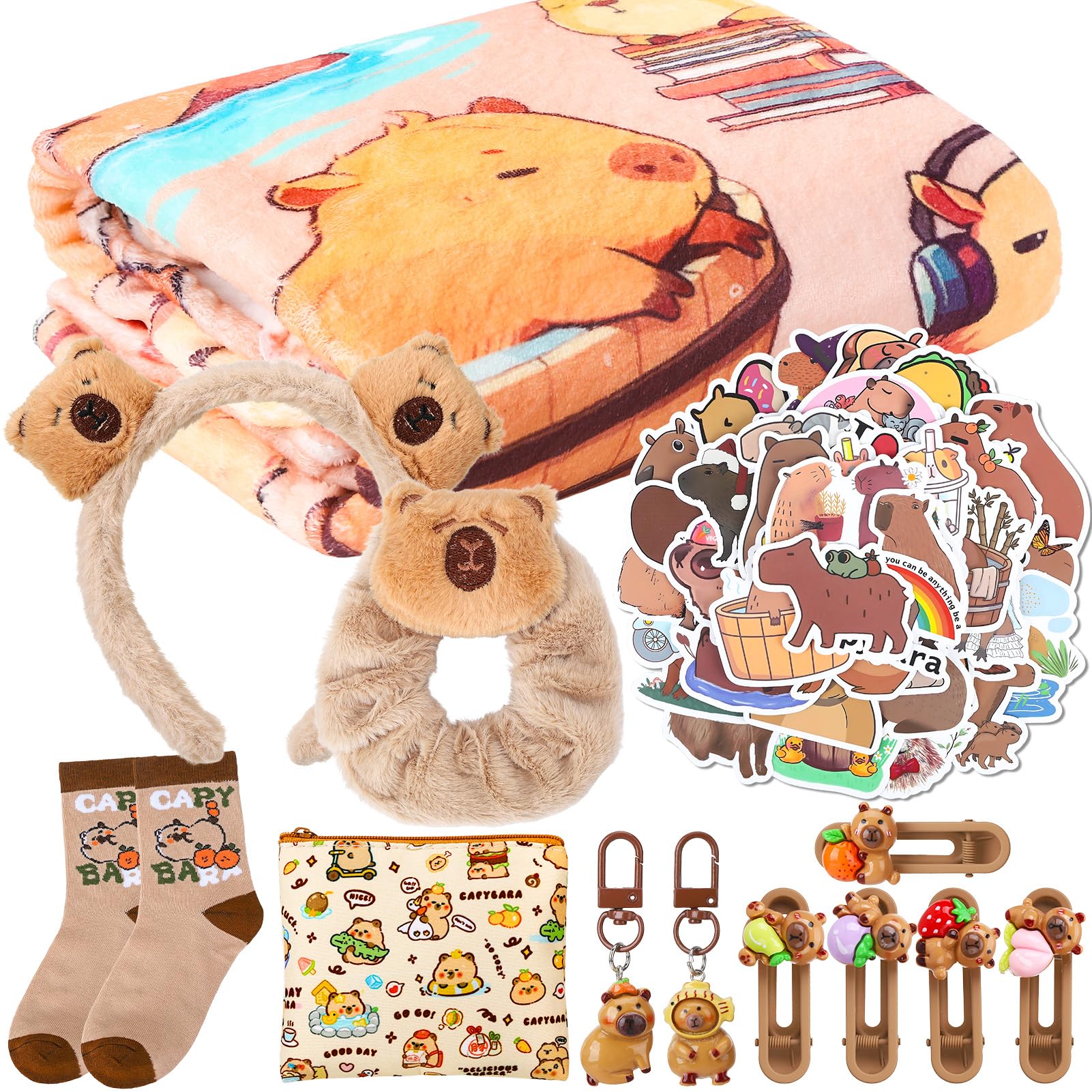 Ovveroche Capybara Gift Set for Girls Cozy Plush Blanket 2 Keychains 55 Stickers Socks Hair Clips Headband Coin Purse Cute Birthday