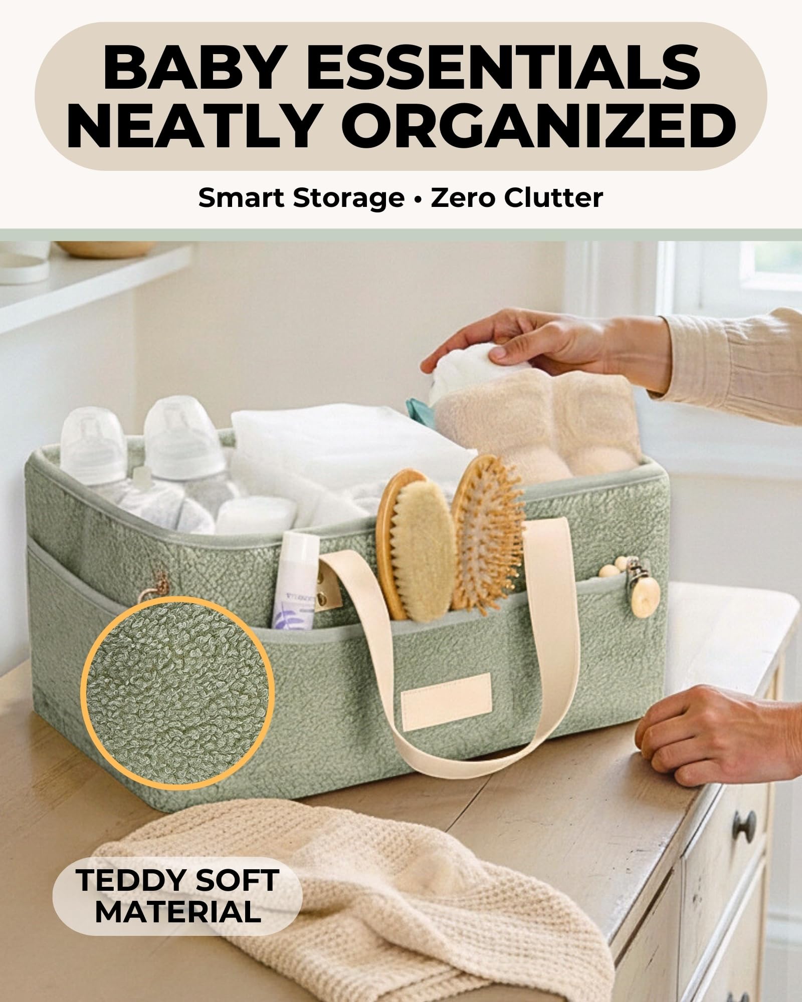 Toodly Baby Diaper Caddy Organizer with Portable Changing Mat - Teddy Fleece Diaper Organizer for Changing Table - Basket for Changing Essentials - Baby Essentials Organizer with Removable Dividers