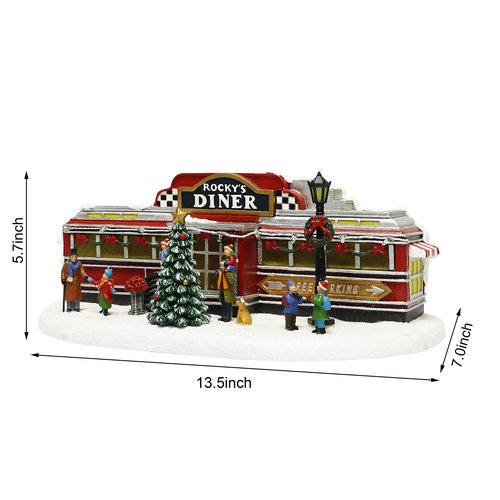 Christmas Village Building, Rocky's Diner, Retro 1950's Diner with LED Lights and Christmas Music - Battery Operated (not included) (optional 4.5V adapter not included) (5.8"H x 13.6"W x 7.1"D)