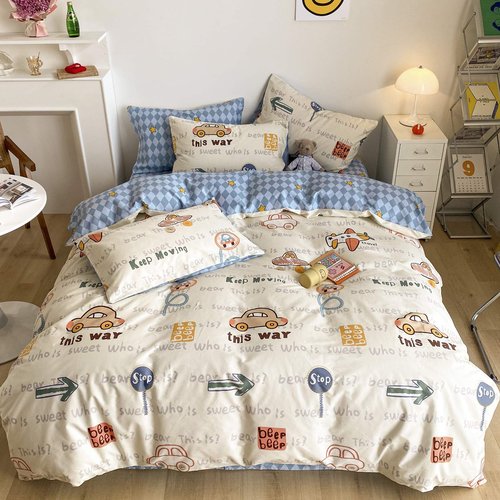BlueBlue Cars Duvet Cover Set Queen 100% Cotton Bedding for Kids Boys Girls Teens Transportation Car Airplane Truck on Cream White 1 Cartoon Comforter Cover Full Zipper Ties 2 Pillowcases Queen