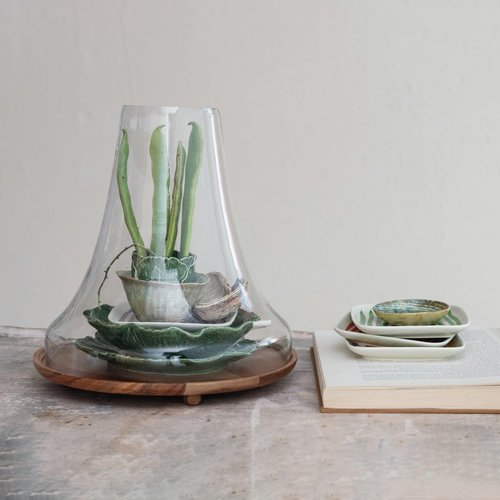Creative Co-Op Reclaimed Glass Cloche with Mango Wood Base, Natural, Large, Clear