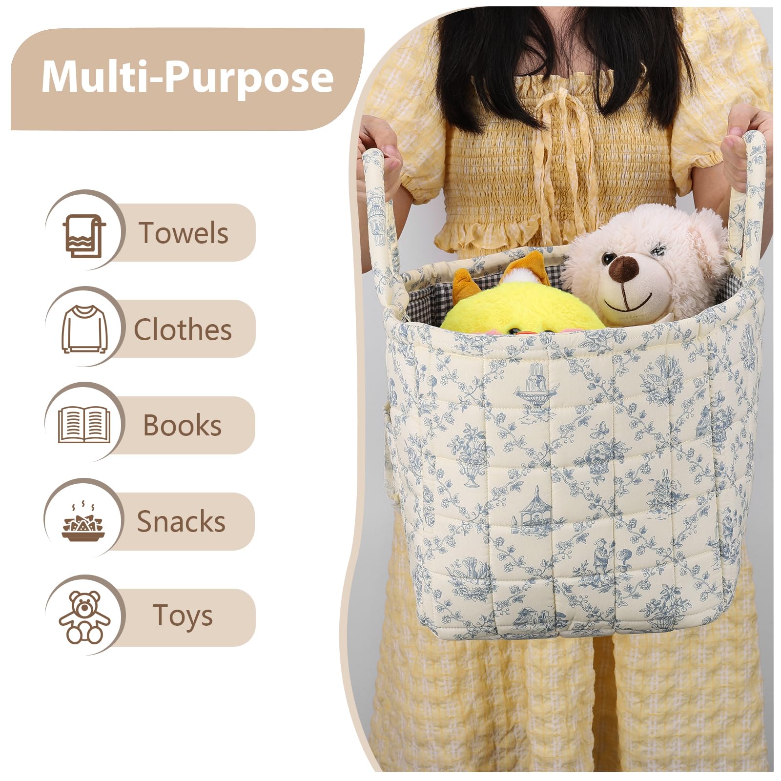 Storage Basket Boho Fabric Large Collapsible Floral Laundry Nursery Hamper Portable Folding Storage for Clothes Toys (Vine-Blue A)