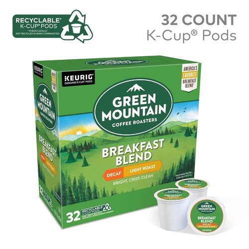 Green Mountain Coffee Roasters Breakfast Blend Decaf Coffee - Light Roast K-Cup Pods | 32 Count