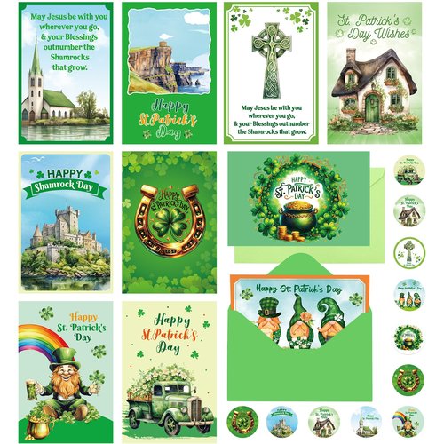 ceiba tree Happy St. Patrick's Day Cards with Envelopes & Stickers 20 Pcs for Kids and Adults Irish 4x6 inch Blessings Message inside 10 Designs Shamrock Lucky Day Religious Saint Patricks Day Cards