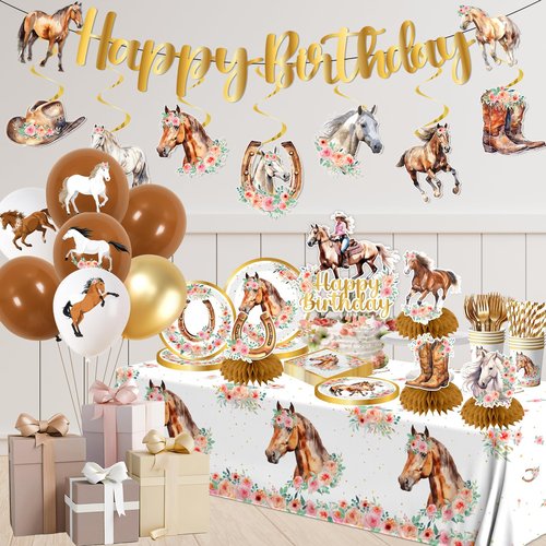 Cowgirl Birthday Party Decorations Tableware Set, Horse Party Supplies Includes Plates, Napkins, Cups, Banner, Hanging Swirl, Tablecloth, Cake Topper, for Girl Birthday Decorations, Serve 24