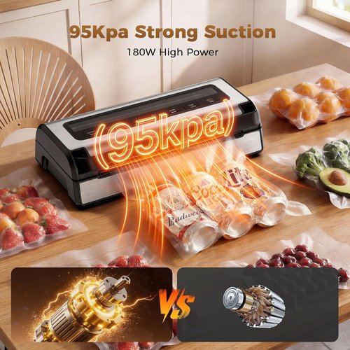 Automatic Food Vacuum Sealer Machine - 180W Kitchen Sealer with Hands-Free Suction & Built-in Cutter | Includes 2 Rolls & 10 Bags