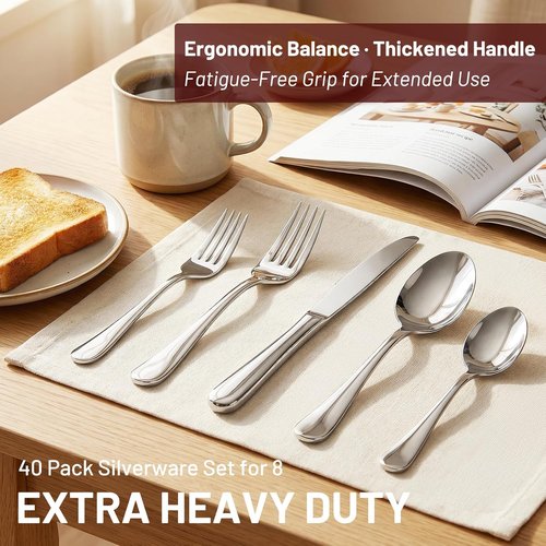 KIKCOIN 40-Pack Silverware Set | Food-Grade Stainless Steel Cutlery for 8 - Heavy Duty & Mirror Polished