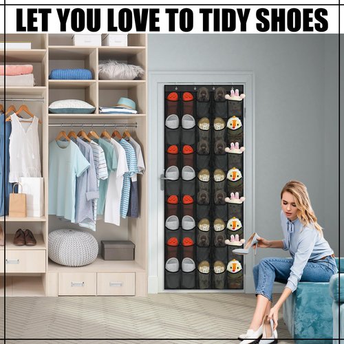 Windyun 40 Over the Door Shoe Organizer Large Breathable Mesh Pockets Hanging Shoe Rack for Closet Black Behind Door Hanger Storage Holder Nonslip Hooks for Women Men Entryway Bedroom Utility Room