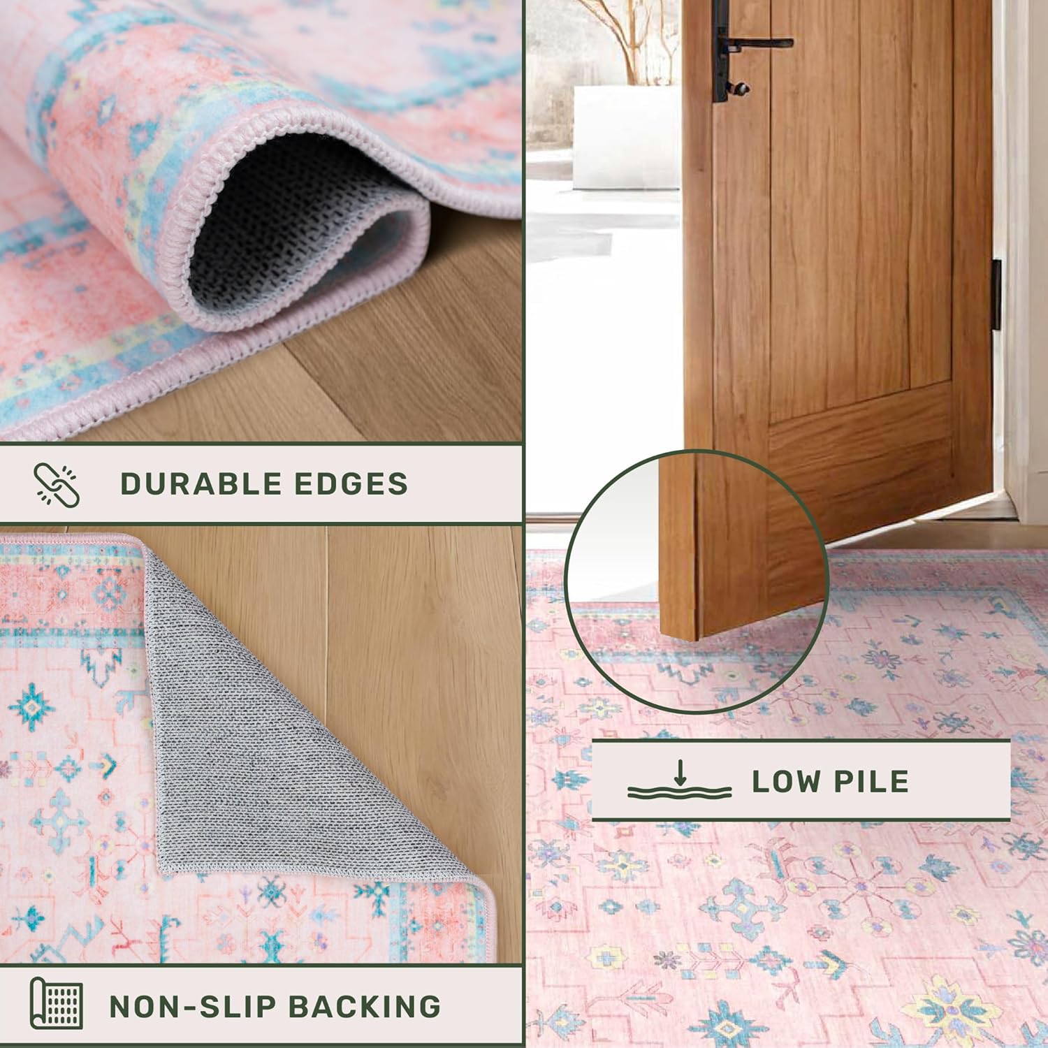 Oushak Rugs | Washable Pink and Blue 6x9 Area Rug - Soft Faux Wool, Modern Floral Design for Kids' Rooms